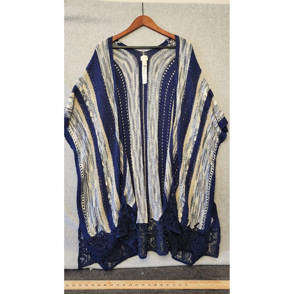 Chico's Sweater Cape Womens S/M Blue Stripe Crochet Lace Boho‎ Open Knit Kimono
